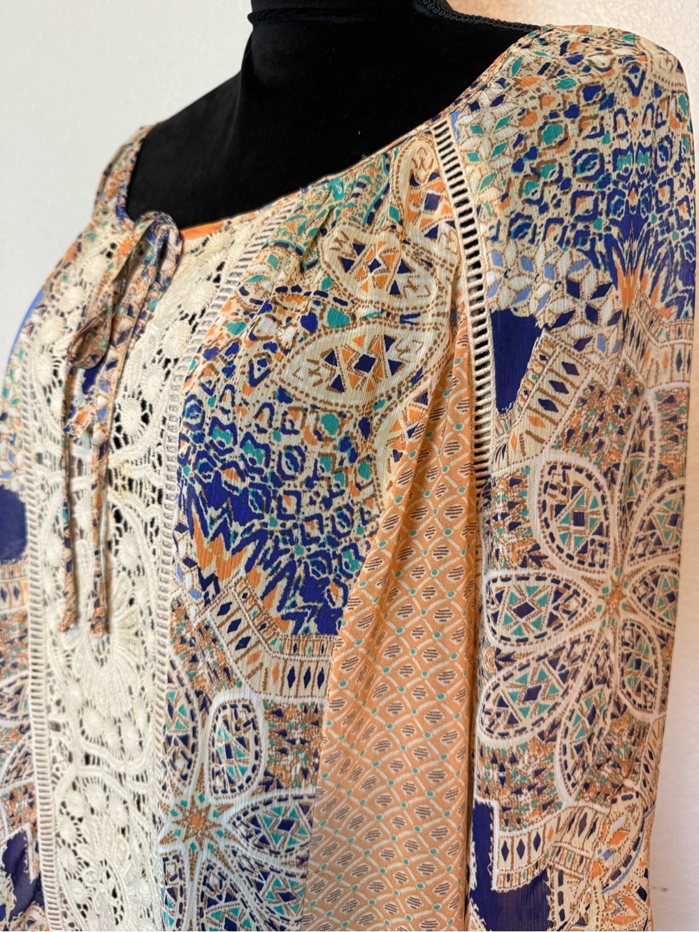 Anthropologie Meadow Rue Roselle Peasant Blouse Crochet Insert Semi Sheer Large - Picture 5 of 14